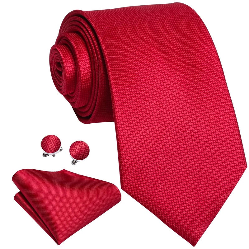 Dubulle Mens Tie Set Solid Paisley Silk Striped Necktie for Men with Cufflinks Tie and Pocket Square,Red - Image 2